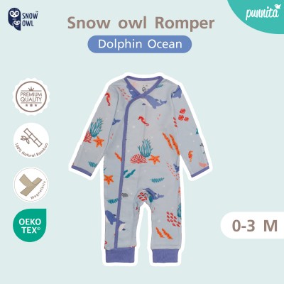 New Collection !! Snow owl Romper  เสื้อป้ายแบบแปะ ชุดหมี แขน-ขายาว 0-3 M - Dolphin Ocean (วัสดุ ใยไผ่พรีเมี่ยม 100%)